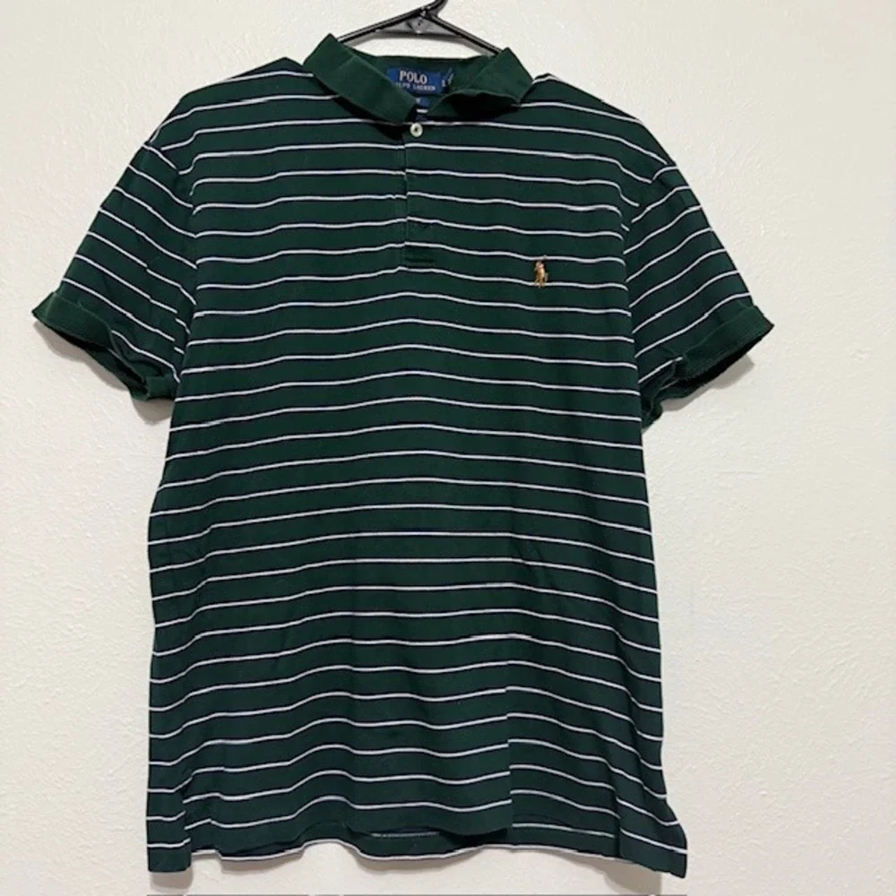 Polo Ralph Lauren Mens Green White Striped Short Sleeve Cotton Mesh Polo Shirt